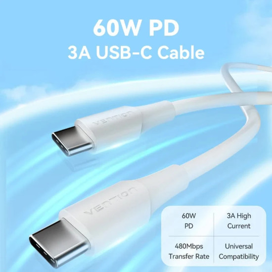 USB кабел Vention USB 2.0 Type-C to Type-C - 1M White 3A Fast Charge - TAXWF