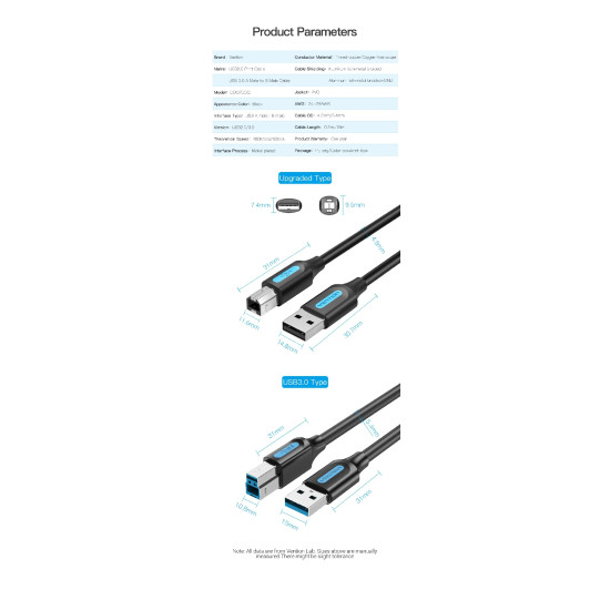 USB кабел Vention USB 3.0 AM / BM - 0.5M Black - COOBD