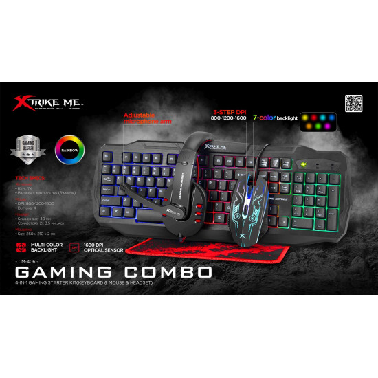 Комплект клавиатура и мишка Xtrike ME Gaming COMBO CM-406 - Keyboard, Mouse, Headset, Mousepad - XTRM-CM-406