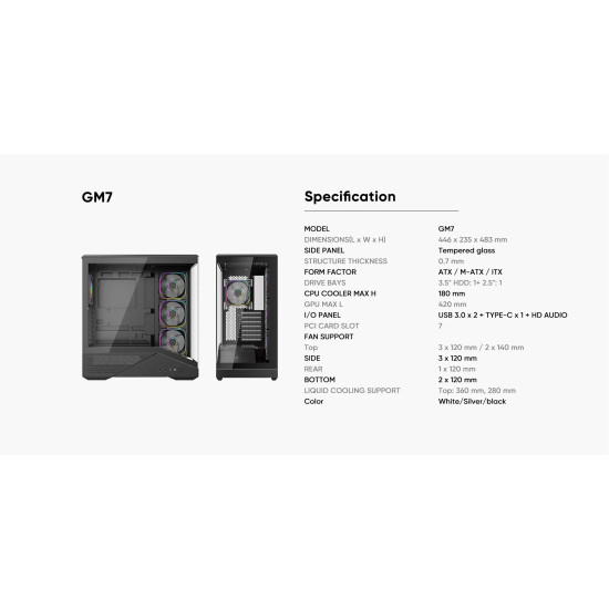 Кутия за компютър 1stPlayer Case ATX - GM7 Black - 4 x 120 mm A-RGB fans included, USB-C