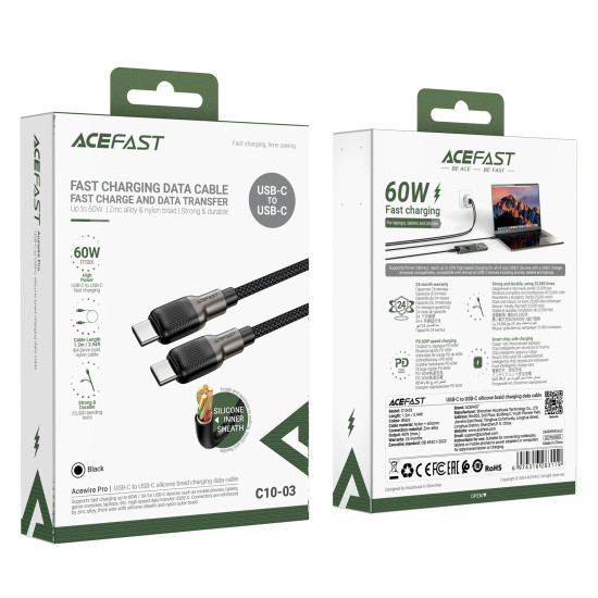 USB кабел Acefast USB-C to USB-C Cable 60W Silicone braid 1.2m - C10-03 - Black