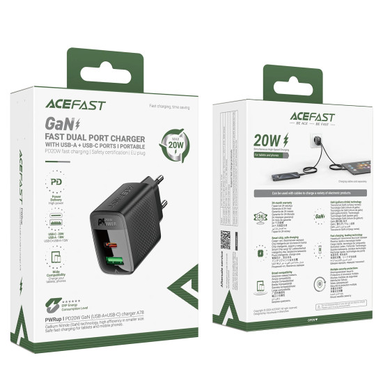 Зарядно Acefast Charger Wall GaN PD 20W - A78 - USB-C x 1, USB-A x 1, Black