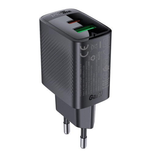 Зарядно Acefast Charger Wall GaN PD 20W - A78 - USB-C x 1, USB-A x 1, Black