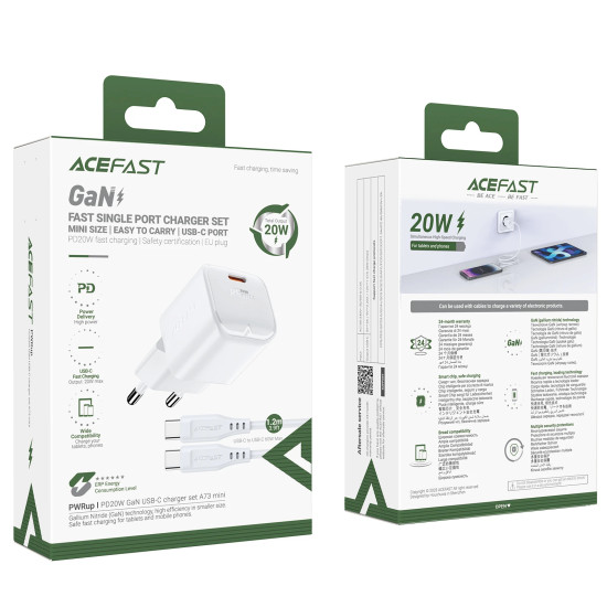 Зарядно Acefast GaN PD20W - A73 Mini with 1.2m cable - USB-C x 1, White
