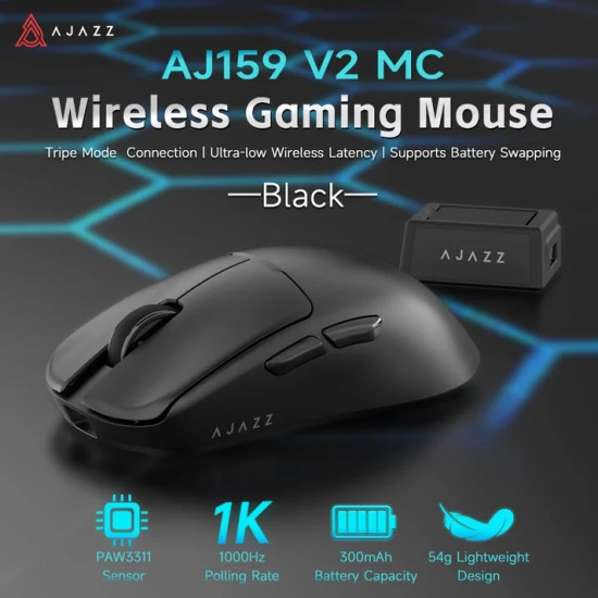 Безжична мишка Ajazz AJ159 V2 MC - Wireless Gaming Mouse - 1K, Magnetic Charging Dock, Black