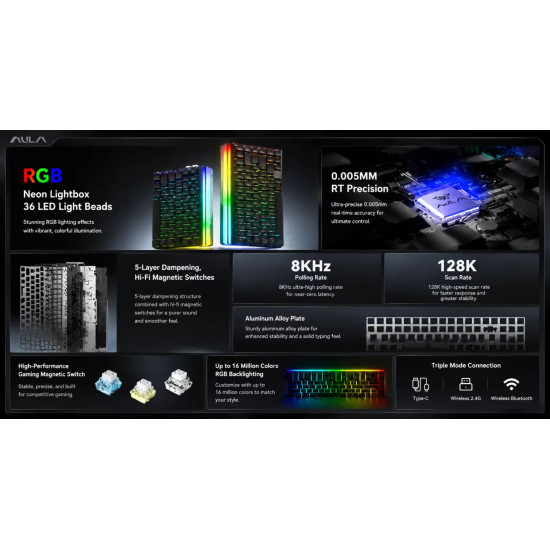 Безжична клавиатура Aula Wireless Gaming Mechanical Keyboard HERO 75 HE - Stormrise Magnetic Switch [Linear] (English US), Black