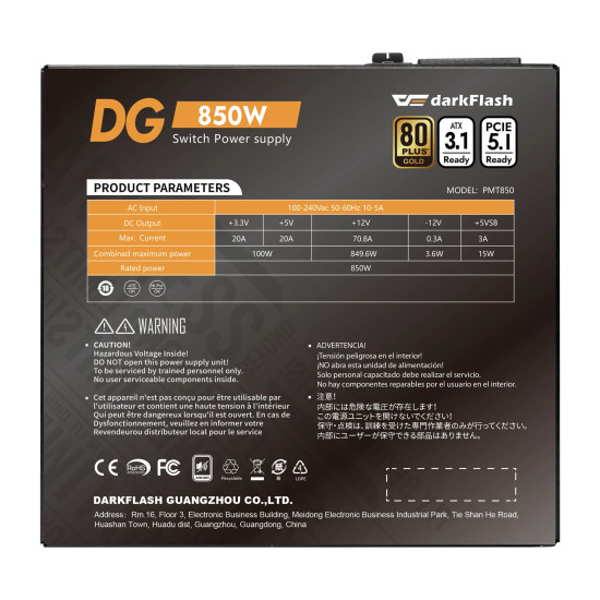 Захранване Darkflash PSU ATX 3.1 850W Gold, Full Modular - DG850
