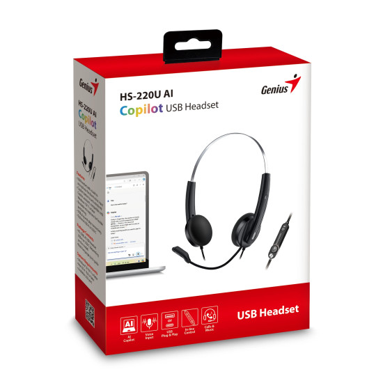 Слушалки Genius Headset HS-220U - AI, USB-C, Mic, Black