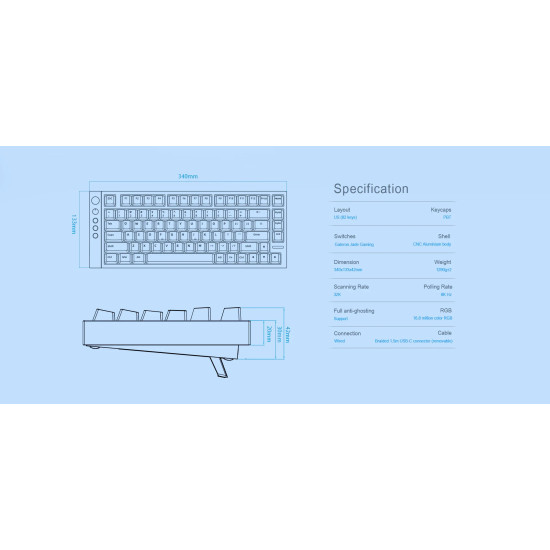 Клавиатура Lamzu Professional Gaming Mechanical Keyboard JET 75 - 8K, Magnetic Gateron Jade Switches - White/Blue