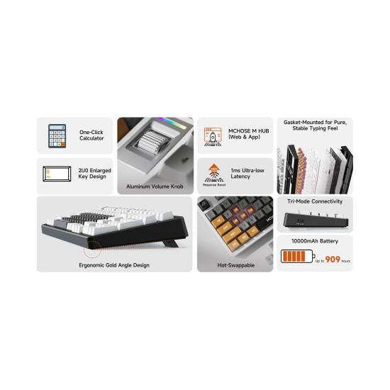 Безжична клавиатура MCHOSE Wireless Gaming Mechanical Keyboard UT98 Classic Therapy - Silent Peach V3 Switch [Linear] (English US)
