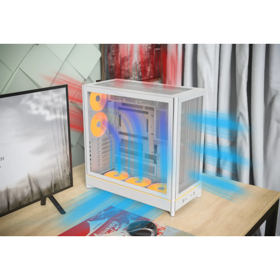 Кутия за компютър Montech HS01 PRO, Mid-Tower, Mesh, 5x120mm ARGB вентилатора, Reversible Layout, White