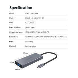 Докинг станция Orico Docking Station Type-C Power Distribution 60W - HDMI, Type-C x 1, USB3.0 x 1, VGA, Audio - MC-U501P
