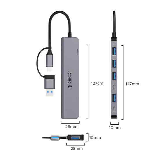 USB хъб Orico HUB USB-C/USB-A 7 port - USB-C x 2, USB3.0 x 1, USB2.0 x 4, Aluminium - YSA7-U3-GY