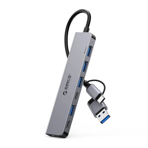 USB хъб Orico HUB USB-C/USB-A 7 port - USB-C x 2, USB3.0 x 1, USB2.0 x 4, Aluminium - YSA7-U3-GY