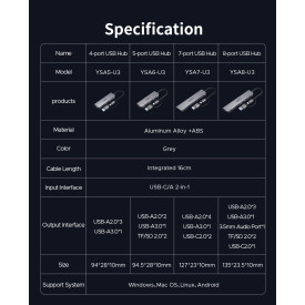 USB хъб Orico HUB USB-C/USB-A 7 port - USB-C x 2, USB3.0 x 1, USB2.0 x 4, Aluminium - YSA7-U3-GY