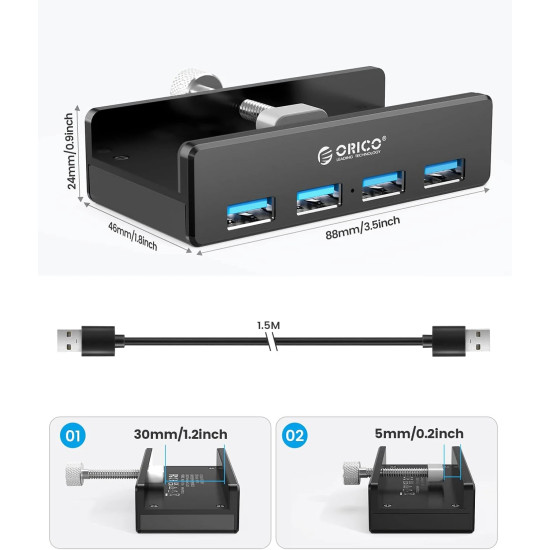USB хъб Orico USB 3.0 HUB Clip Type 4 port, Black - MH4PU-BK