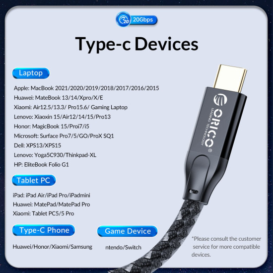USB кабел Orico USB 3.2 Gen2x2 - Type-C to Type-C PD100W 20Gbps 0.5m Black - CM32-05-BK