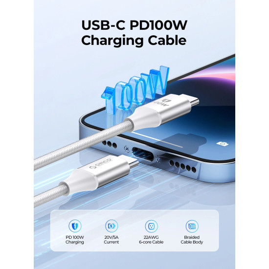 USB кабел Orico USB C-to-C PD 100W Charging 1.0m White - CDX-100CC-WH