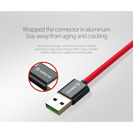 USB кабел Orico USB2.0 Type A to Type-C - 5A Fast Charging, Kevlar Braided, 1m - KAC-10-RD
