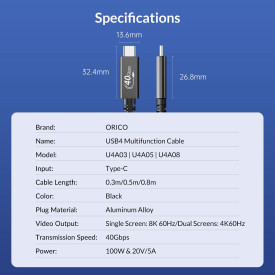 USB кабел Orico USB4.0 40Gbps M/M 0.5m Black PD100W - U4A05-BK