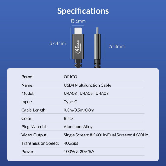 USB кабел Orico USB4.0 40Gbps M/M 0.5m Black PD100W - U4A05-BK