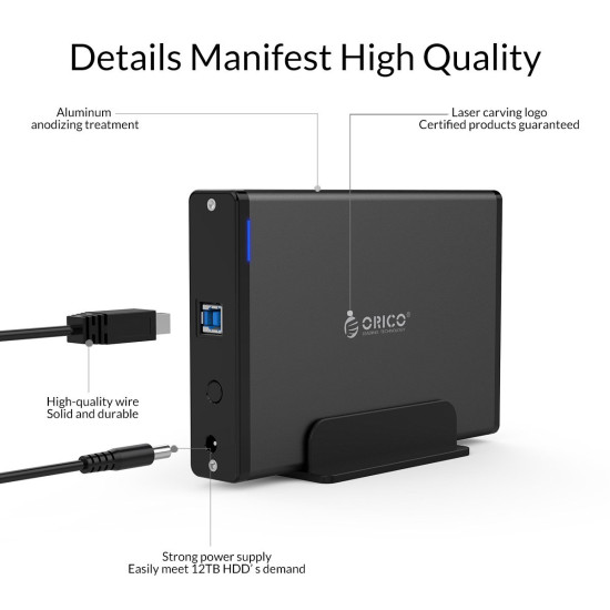 Кутия за диск Orico Storage - Case - 3.5 inch Vertical, USB3.0, Power adapter, UASP, black - 7688U3-BK