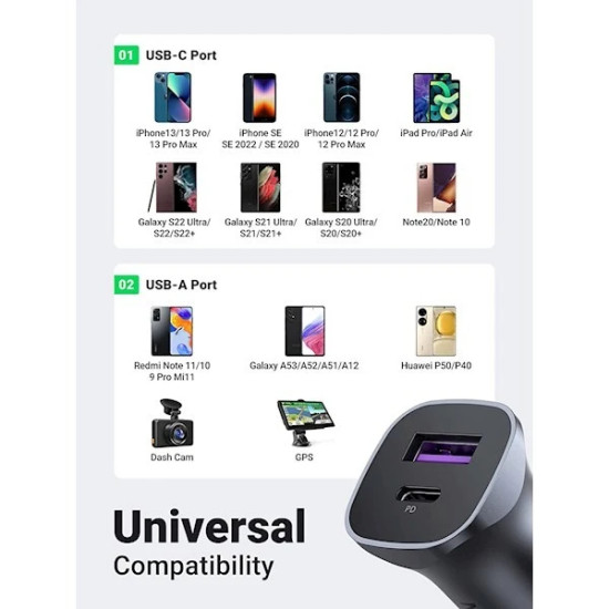 Зарядно Ugreen Fast Charger Car - Type-C + USB QC3.0, Power Distribution 30W CD130 - 40858