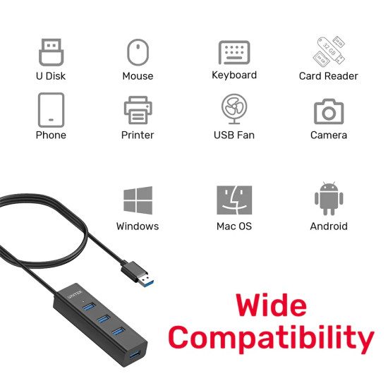 USB хъб Unitek USB3.0 HUB, 4 порта, 1.2m, AUX USB-C Power Input, Y-3089V01