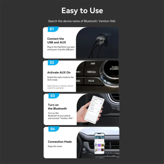 Блутут за кола Vention Car Bluetooth 5.4 audio receiver USB, 3.5mm jack - NAIHG