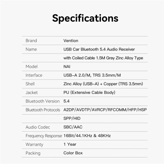 Блутут за кола Vention Car Bluetooth 5.4 audio receiver USB, 3.5mm jack - NAIHG