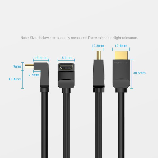 HDMI кабел Vention HDMI Right Angle 90 Degree v2.0 M / M 4K/60Hz Gold - 2M Black - AARBH