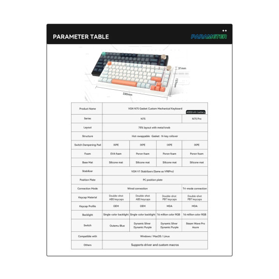 Безжична клавиатура VGN Wireless Gaming Mechanical Keyboard - N75 PRO Jelly Orange - Azure Switches, RGB