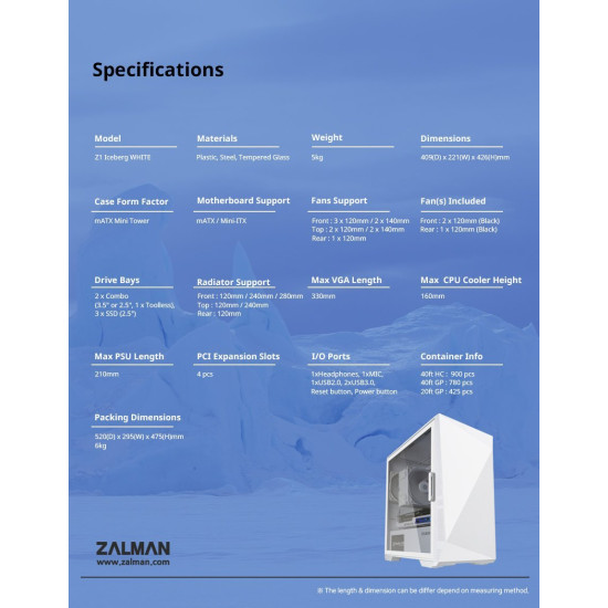 Кутия за компютър Zalman Gaming Case mATX - Z1 Iceberg White