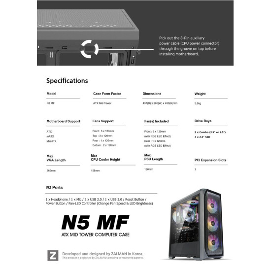 Кутия за компютър Zalman Case ATX - N5 MF - 4 x 120mm Fixed RGB