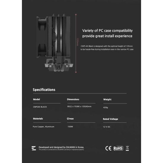 Охладител за процесор Zalman CPU Cooler CNPS4X BLACK - LGA1700/AM5