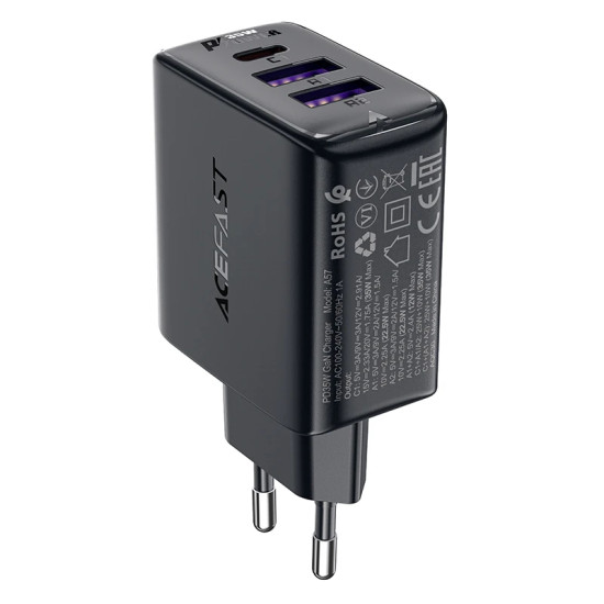 Зарядно Acefast Charger Wall GaN PD 35W - A57 - USB-C x 1, USB-A x 2, Black