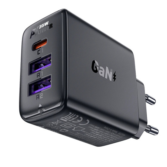 Зарядно Acefast Charger Wall GaN PD 35W - A57 - USB-C x 1, USB-A x 2, Black
