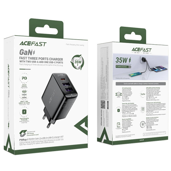 Зарядно Acefast Charger Wall GaN PD 35W - A57 - USB-C x 1, USB-A x 2, Black