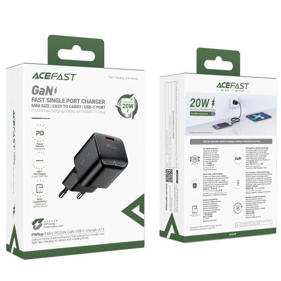 Зарядно Acefast GaN PD20W - A73 Mini - USB-C x 1, Black