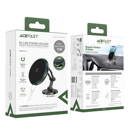 Зарядно за кола Acefast Car phone holder - MAG-Charging 15W, Metal, Magnetic Ring, 360 deg, Foldable - D30 - Black