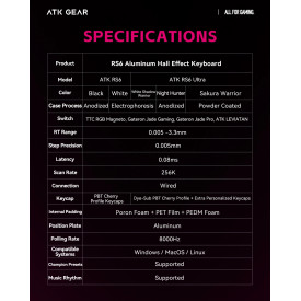 Клавиатура ATK Professional Gaming Mechanical Keyboard RS6 Ultra - 8K, TTC RGB Magneto Switches [Linear] - White Shadow