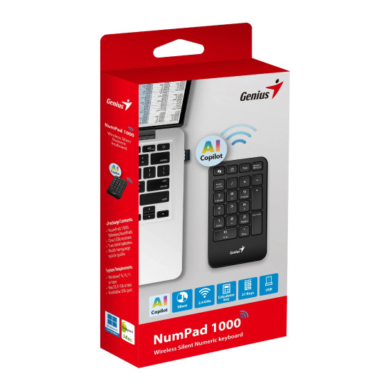Безжичен NumPad Genius Keypad Wireless NumPad 1000 - AI, 2.4G, Black