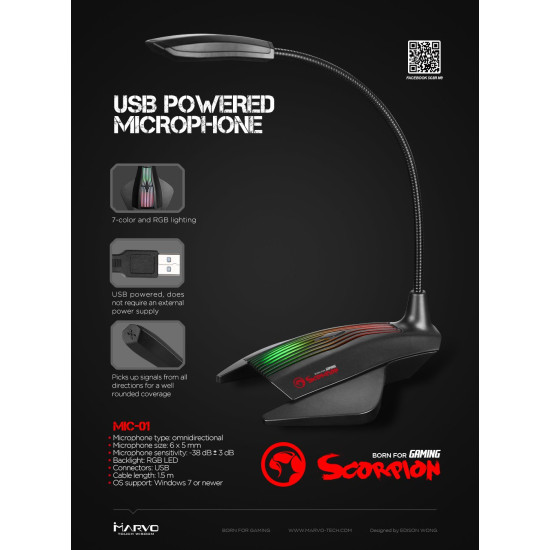 Микрофон Marvo Gaming Microphone RGB USB - MARVO-MIC-01