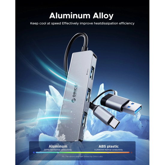 USB хъб Orico HUB USB-C/USB-A 4 port - USB3.0 x 1, USB2.0 x 3, Aluminium - YSA5-U3-GY