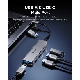 USB хъб Orico HUB USB-C/USB-A 4 port - USB3.0 x 1, USB2.0 x 3, Aluminium - YSA5-U3-GY