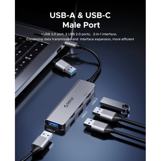 USB хъб Orico HUB USB-C/USB-A 4 port - USB3.0 x 1, USB2.0 x 3, Aluminium - YSA5-U3-GY
