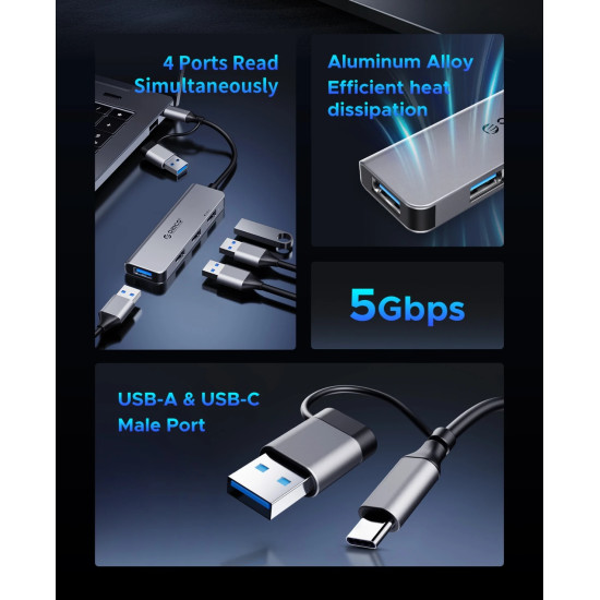 USB хъб Orico HUB USB-C/USB-A 4 port - USB3.0 x 1, USB2.0 x 3, Aluminium - YSA5-U3-GY