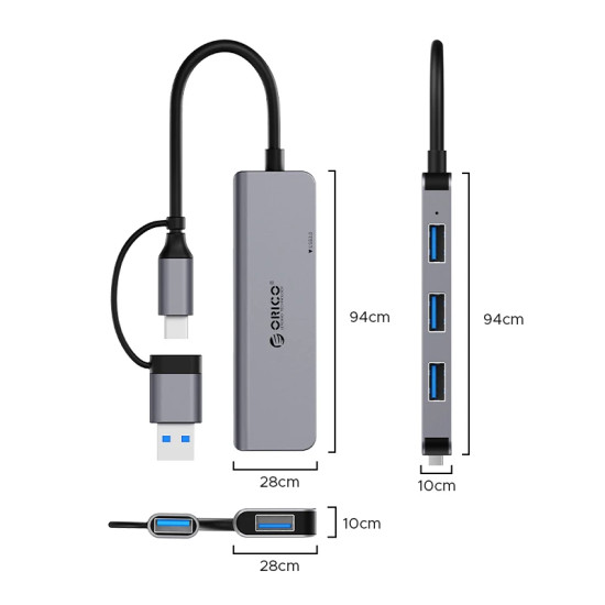 USB хъб Orico HUB USB-C/USB-A 4 port - USB3.0 x 1, USB2.0 x 3, Aluminium - YSA5-U3-GY