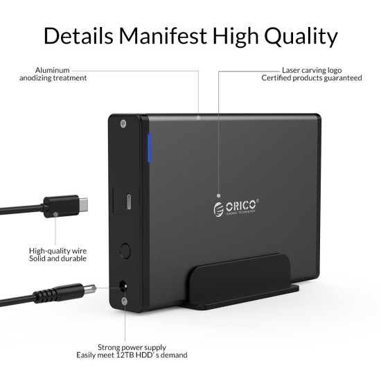 Кутия за диск Orico Storage - Case - 3.5 inch Vertical, USB3.1 Type-C, Power adapter, UASP, black - 7688C3-BK