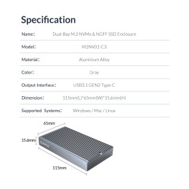 Външна кутия за два диска Orico Storage - Case - 2 x M.2 Dual Protocol NVMe+SATA, Aluminium - M2NV01-C3